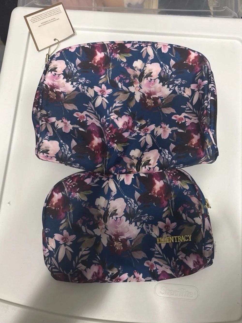 Ellen Tracy Navy Floral Cosmetic Pouch with Pink Accents